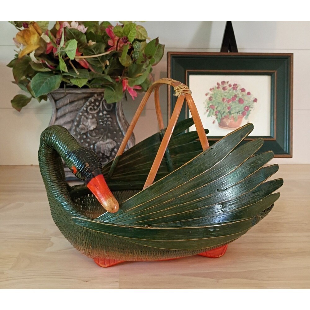 Vintage Large Basket Woven Wicker Rattan Bamboo Goose Swan Duck Hand-Painted